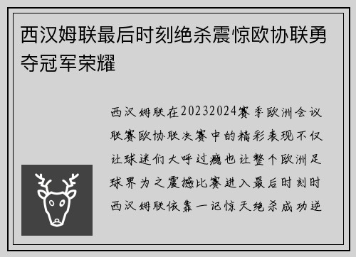 西汉姆联最后时刻绝杀震惊欧协联勇夺冠军荣耀