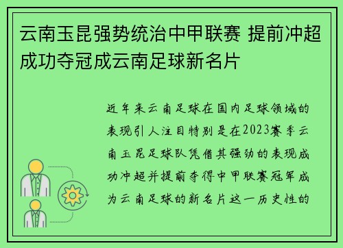 云南玉昆强势统治中甲联赛 提前冲超成功夺冠成云南足球新名片